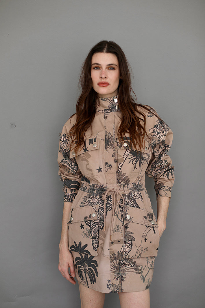 Short Dress Toile de Jouy Beige