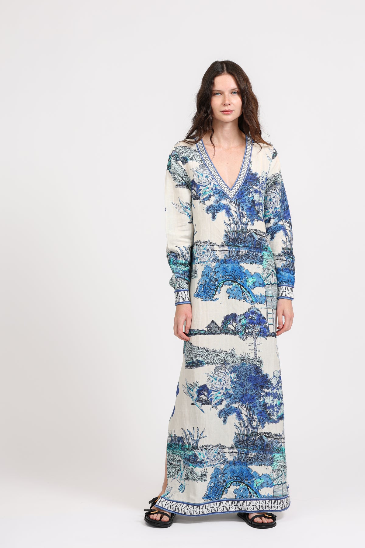 V-Neck Long Dress Thailand White & Blue