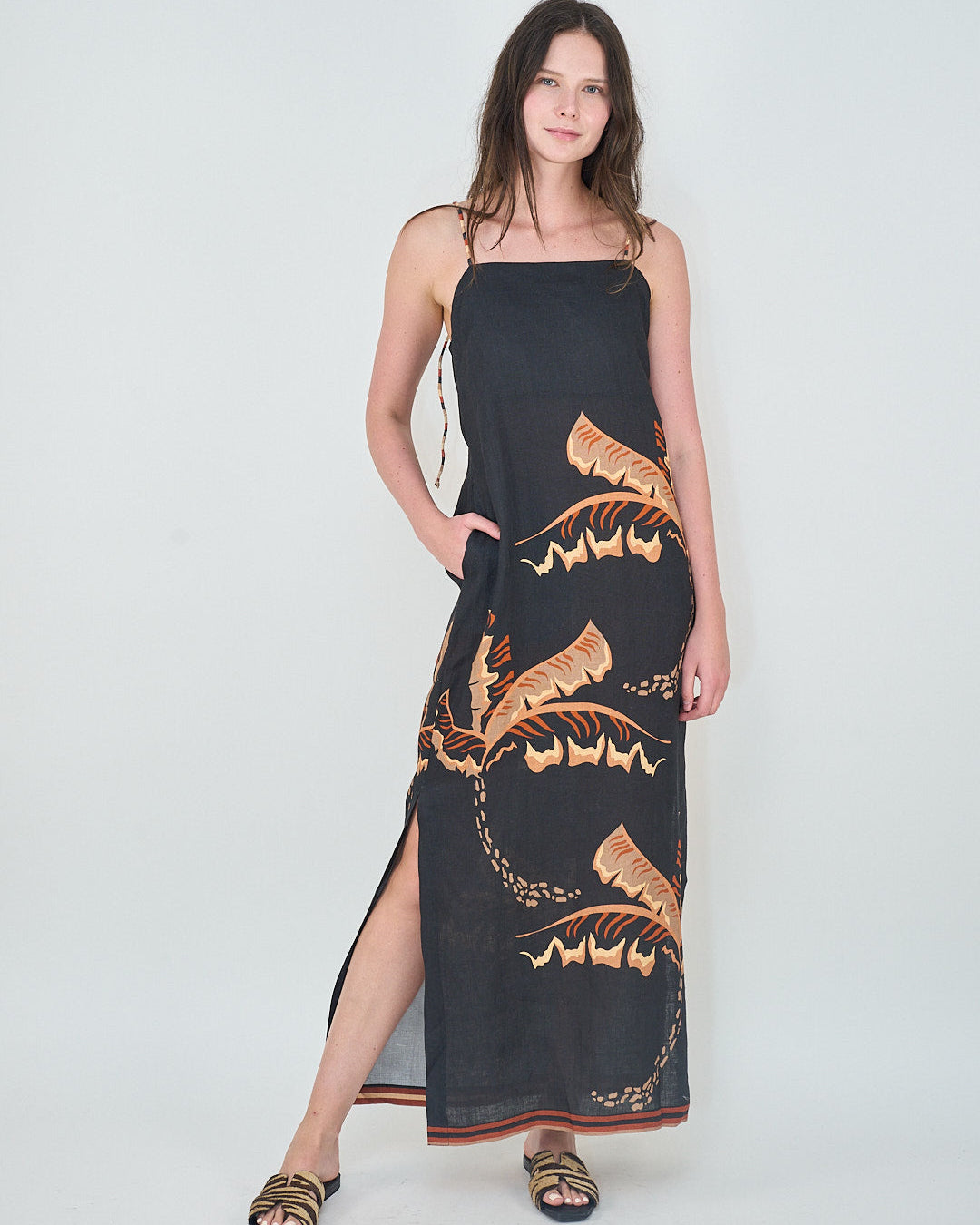 Long Dress Bali Tiger Palms Black